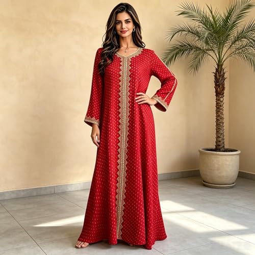 Women Muslim Abaya Dress V Neck Embroidered Kaftan Long Sleeve Loose Islamic Maxi Prayer Robe for Ramadan Eid - color: Red, size: X-Large