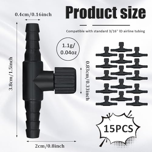 15 Pcs Aquarium Air Control Valves for 3/16-Inch (4mm) Airline Tubing | 3/16" Id, Adjustable, Plastic T Shaped, Single Way Air Flow Regulator, Fish Tank Air Pumps, Aquarium Setups, Black