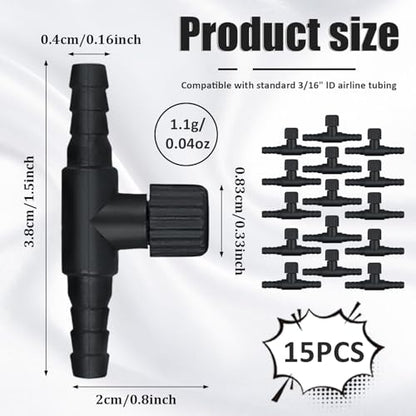 15 Pcs Aquarium Air Control Valves for 3/16-Inch (4mm) Airline Tubing | 3/16" Id, Adjustable, Plastic T Shaped, Single Way Air Flow Regulator, Fish Tank Air Pumps, Aquarium Setups, Black