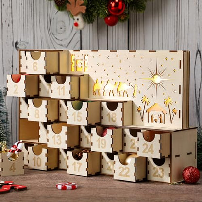 Nuanchu Lighted Christmas Wooden Advent Calendar with 24 Drawers DIY Empty Advent Calendars to Fill Countdown to 2026 Christmas Reusable Nativity Scene Decor Make Your Own Gifts Box for Xmas Adults