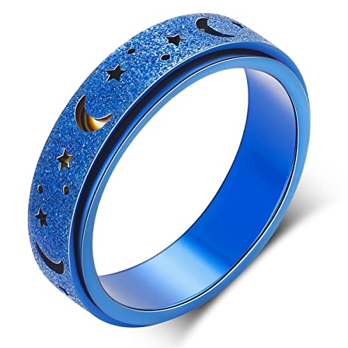 OreilleStar Anxiety Ring for Women Spinner Ring Fidget Toys Adults Stainless Steel Fidget Ring Spinner Rings for Anxiety Women Men Moon Star Blue 6 - size: Size 6, style: Moon Star-Blue