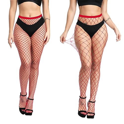 E-Laurels Womens High Waist Patterned Fishnet Tights Suspenders Pantyhose Thigh High Stockings Black - color: Red 2 Pcs L+xl