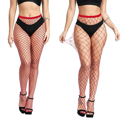 E-Laurels Womens High Waist Patterned Fishnet Tights Suspenders Pantyhose Thigh High Stockings Black - color: Red 2 Pcs L+xl