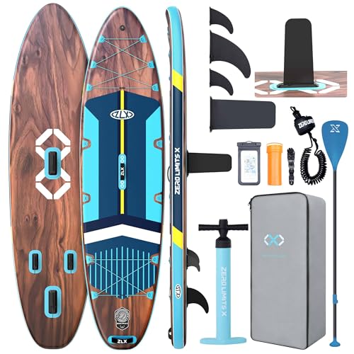 ZLX 11'6"x35" Ultra Wide Inflatable Stand Up Paddle Board | Stable Non-Slip Deck Pad, Unique Fin System, Premium SUP Accessories & Backpack - Upgraded Pump for Adults, All Skill Levels - color: Black Wood