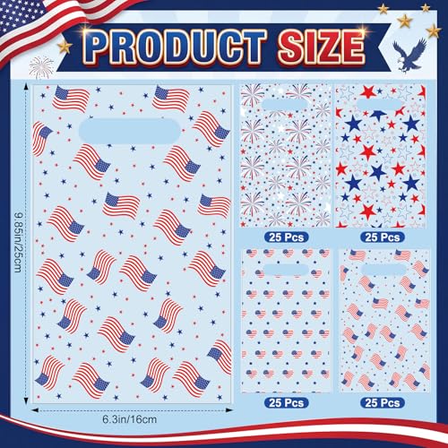 Geyoga 100 Pcs 4th of July Party Favor Bags Bulk 10 x 6 Patriotic Gift Bags with Handles Red White Blue Treat Bag 250th Anniversary Plastic USA Flag Candy Bag for Independence Day Party Supplies - style: Fourth of July