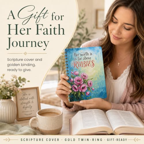 Hardcover Blank Spiral Christian Notebook – 140 Quality Pages | Lined Pages with Bible Verse Cover – Inspirational Writing Notebook for Bible Study, “Her Worth Is Far Above Rubies" - color: Rubies
