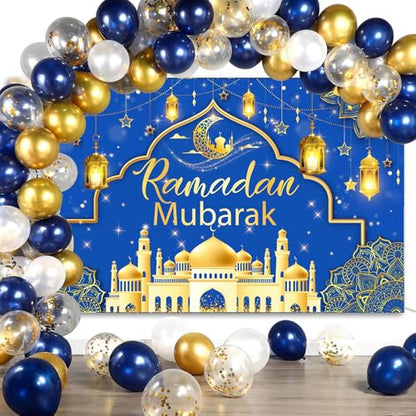 Mocsicka Ramadan Mubarak Banner Backdrop for Muslim Ramadan Kareem, Eid al-Fitr and Eid al-Adha (Blue and Gold, 70.8x43.3 inch, Polyester) - color: Blue and Gold