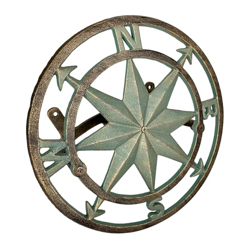 Verdigris Green Finish Cast Iron Nautical Compass Rose Wall Mounted Decorative Hanging Garden Hose Hanger - Hose Holder Organizer for Outdoor Spaces - 12 Inches in Diameter | Nautical Round Face, Holds Approximately 75 Feet, 5.5 Inch Deep, Bolts and Ancho