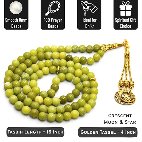 Amazing Gemstone Crystal Tasbeeh with Moon and Star Charm - Certified Crystal Muslim Prayer Beads Natural Gemstone Tasbih Gift for Ramadan Dhikr and Daily Namaz (G) - color: Green Jade
