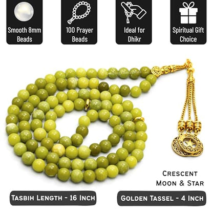 Amazing Gemstone Crystal Tasbeeh with Moon and Star Charm - Certified Crystal Muslim Prayer Beads Natural Gemstone Tasbih Gift for Ramadan Dhikr and Daily Namaz (G) - color: Green Jade