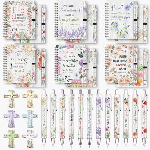 36 Pcs Christian Bulk Gifts for Women: 12 Bible Verse Spiral Notebooks with 12 Scripture Pens & 12 Magnetic Bookmarks, Floral Prayer Journals Father's Day Gifts for Staffs Coworkers Teachers Students - color: Floral