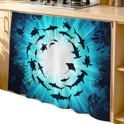 BEMIGO Blue Coastal Cabinet Curtain 35" Wx35 L, Dustproof Under Sink Skirt with Self Adhesive Tape, Nautical Fish Turtle Coral Cabinet Curtain Cover for Kitchen Sink, Bathroom Vanity, Laundry Room - size: 35"W x 35"L (Pack of 1)