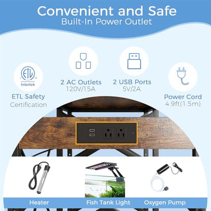 METYERRY 40-50 Gallon Fish Tank Stand with Power Outlet,Adjustable Shelf | 3 Tier Storage,660 LBS Heavy Duty Steel Frame, Fits Fish Reptile and Turtle Tanks, Stable Home Aquarium Setup - color: Rustic Brown, size: 40-50 Gallon