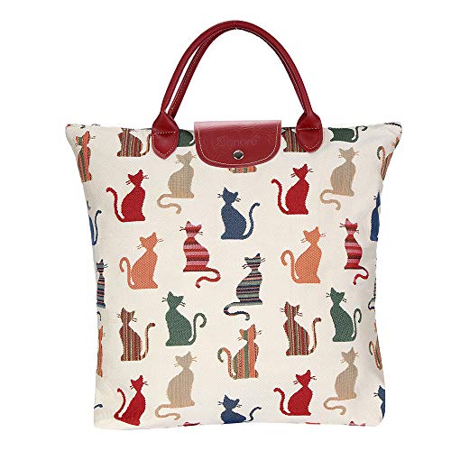 Signare Tapestry Foldable Tote Bag Reusable Shopping Bag Grocery Bag - color: Cheeky Cat
