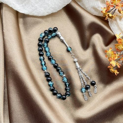 Islamics Prayer Beads 33 Tasbih Ice Cracked Glass Rosary Necklace for Muslims Worship and Spiritual Reflection Daily Worship Tasbih - color: Blue black