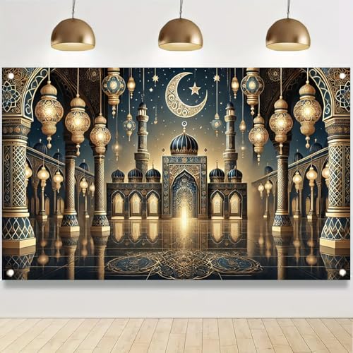 Ramadan Eid Mubarak Mosque Banner 71x43 Inch Crescent Moon Lantern Islamic Gold Blue Wall Banner for Ramadan Eid Party Home Decoration Indoor Outdoor - color: Style 4