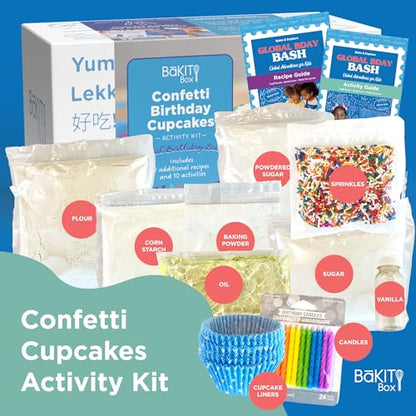 BāKIT Box Confetti Cupcakes Birthday Kit for Kids – Global Celebration Baking Kit – Cupcake Liners & Candles Included – STEM Birthday Activities – Ages 5–13 - color: Confetti Cupcakes