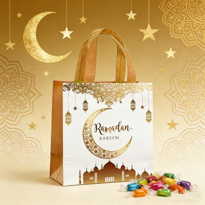 Yssreey Eid Mubarak Reusable Gift Bags 12pcs Ramadan Goodie Bags with Handles Non Woven Treat Bags for Ramadan Kareem Eid Mubarak Party Supplies