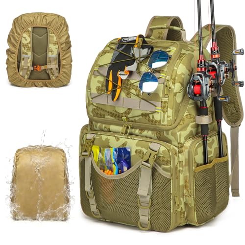 Fishing Backpack, 45L Large Cooler Fishing Tackle bag with Rod Holders & Rain Cover, Water-resistant Store Gear (Khaki Camo) - color: Khaki Camo