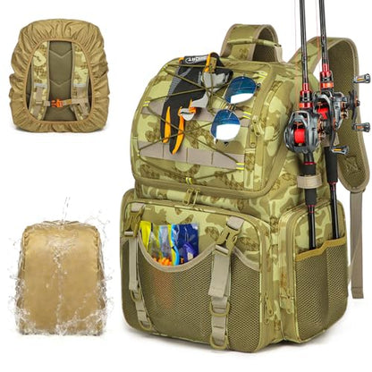 Fishing Backpack, 45L Large Cooler Fishing Tackle bag with Rod Holders & Rain Cover, Water-resistant Store Gear (Khaki Camo) - color: Khaki Camo