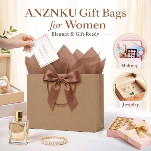 ANZNKU 2PCS Gift Bags 12.6" Medium Brown Gift Bags with Handles 4 Tissue Paper 2 Ribbons 2 Cards, Kraft Paper Gift Bag for Men Women Wedding Bridal Baby Shower Birthday Graduation Present Party Favors - color: Kraft Brown