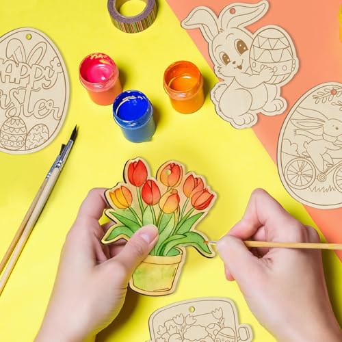 36피스 나무 부활절 장식품, 6가지 스타일 DIY 빈 미완성 나무 계란 컷아웃 장식품 공예 걸이 장식 행복한 부활절 할로윈 계란 토끼 나비 꽃 암탉 - color: Hallow.Easter