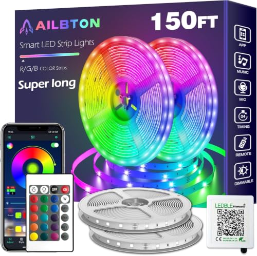 AILBTON 150ft Led Strip Lights(2 Rolls of 75ft led Lights) Ultra Long Led Light Strip with App Voice Control Remote,5050 RGB Music Sync Color Changing Led Lights for Bedroom,Party,Home Decoration - size: 150FT