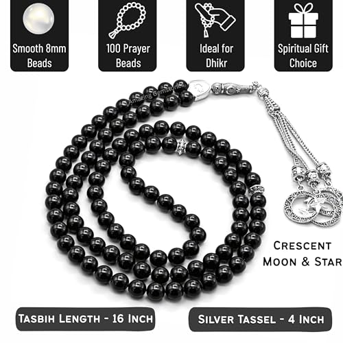 Amazing Gemstone Black Tourmaline Tasbeeh with Moon and Star Charm - Certified Crystal Muslim Prayer Beads Natural Gemstone Tasbih for Ramadan Dhikr and Daily Namaz (S) - color: Black Tourmaline