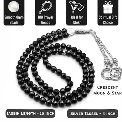 Amazing Gemstone Black Tourmaline Tasbeeh with Moon and Star Charm - Certified Crystal Muslim Prayer Beads Natural Gemstone Tasbih for Ramadan Dhikr and Daily Namaz (S) - color: Black Tourmaline