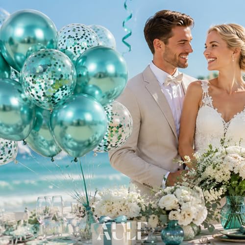 AULE Party Balloons Pack of 42 - Metallic Green Balloons & Confetti Balloons and 64ft Ribbons - 12 Inch Teal Green Balloon Decorations Set - color: Green
