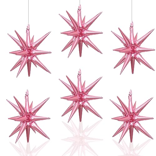 6 Pcs Silver Star Foil Balloons One-Piece 14-Pointed Star Balloon 4D Starburst Cone Mylar Balloon 22inch Christmas Birthday Wedding Wedding Anniversary Party Supplies (Pink) - color: 22 Inches Pink