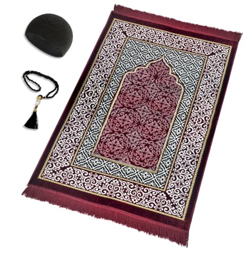 Velvet Islamic Prayer Rug Set (Thick Prayer Mat - 99 Tasbih Prayer Beads - Black Cotton Kufi Hat) Eid and Ramadan Gift for Muslims (Red) - color: Red