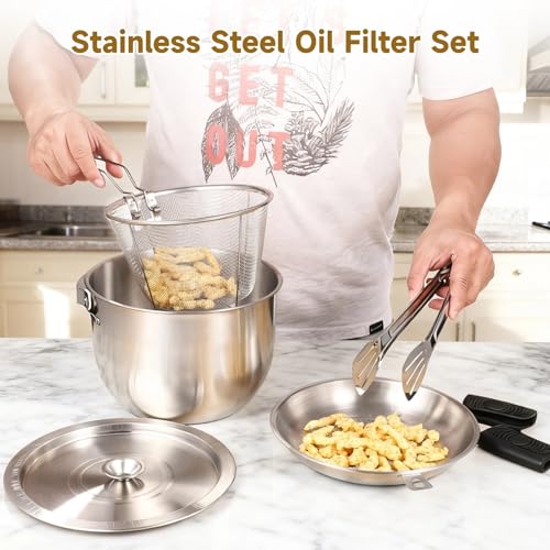 Stainless Steel Fryer Pot with Oil Filter Set, Frying Basket, Strainer & Food Clip, Lid Included, for Kitchen Cooking