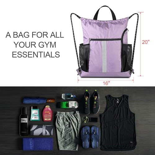 BeeGreen Lilac Drawstring Backpack Bag Gym Sports Backpack with Shoe Compartment and Two Water Bottle Holder for Women Men Large String Athletic Sackpack Workbag - color: Lilac, style: Drawstring With Shoe Compartment