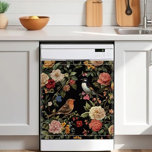 Retro Bird Dishwasher Magnet Cover,Rose Floral Waterproof Magnetic Dishwasher Front Cover,Refrigerator Panel Sticker for Kitchen Decor 23" x 26" - color: Retro Bird Rose Floral