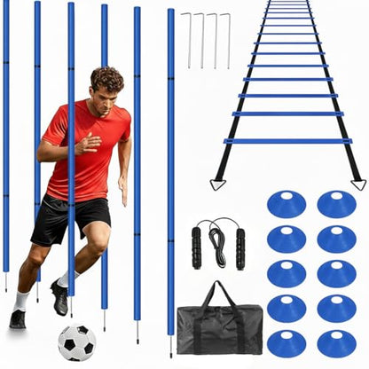 Soccer Agility Training Equipment, 6 Adjustable Soccer Training Agility Poles, 1 Speed Agility Ladder,10 Soccer Agility Cones for Training, 1 Jump Rope + Storage Bag for Youth Soccer Drills - color: blue