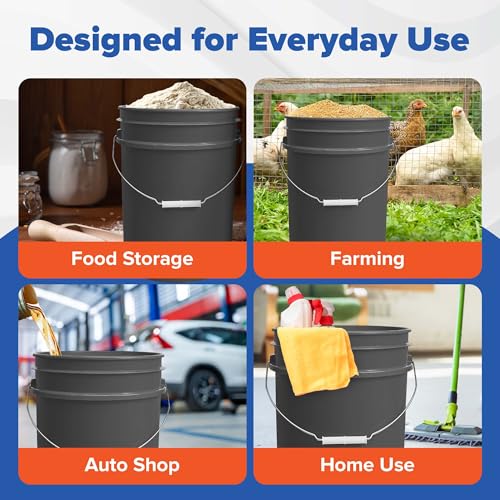 5 Gallon Plastic Bucket with Airtight Lid | Made in USA | Food Grade Bucket | BPA-Free | Heavy Duty 90 Mil All Purpose Pail | One 12" Rubber Mallet & One Lid Opener Included | 1 Pack | Airtight Lid, Mallet and Lid Opener Included, Heavy-Duty 90 Mil HDPE P