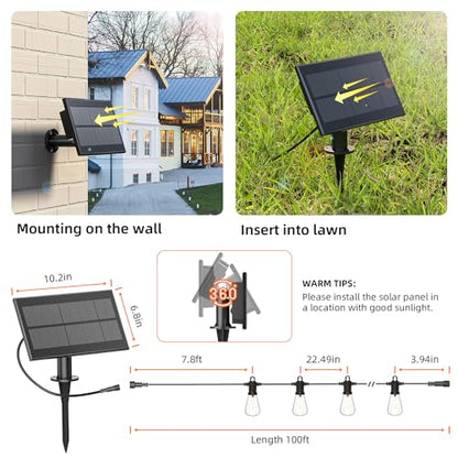 Kawaya Solar Powered String Lights for Outside: 100 FT LED Outdoor Patio Lights with USB-Charging - IP65 Waterproof Hanging Light - 50+2 Shatterproof Edison Bulbs for Bistro Cafe Camp Yard Balcony - size: 100FT New