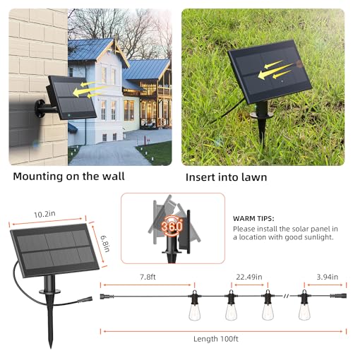 Kawaya Solar Powered String Lights for Outside: 100 FT LED Outdoor Patio Lights with USB-Charging - IP65 Waterproof Hanging Light - 50+2 Shatterproof Edison Bulbs for Bistro Cafe Camp Yard Balcony - size: 100FT New