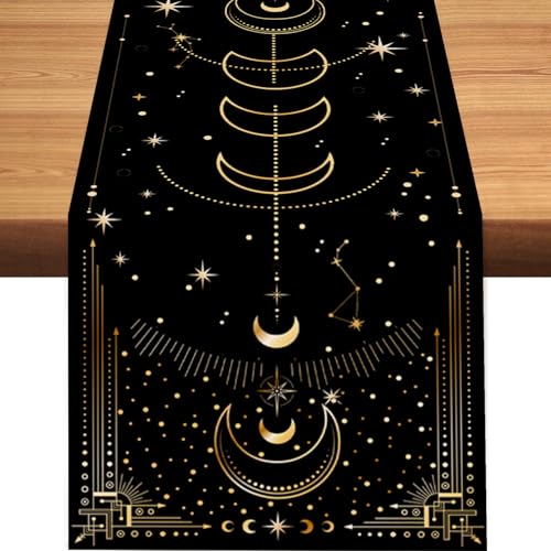 Moon Phase Table Runner, Mystical Tarot Vintage Astrological Golden Stars Print Table Center Decor for Family Kitchen Table Decorations Indoor Outdoor 13x36 inch - color: Moon-2, size: 13x36" Table Runner