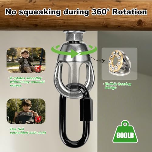 Heavy Duty 800LBS Punching Bag Hanger Swivel Ceiling Hook, 360 Bearing Rotation Stainless Steel Swing Anchor with Quick Release Carabiner, Anti Loose Double Nut Mount for Boxing Hammock Swing