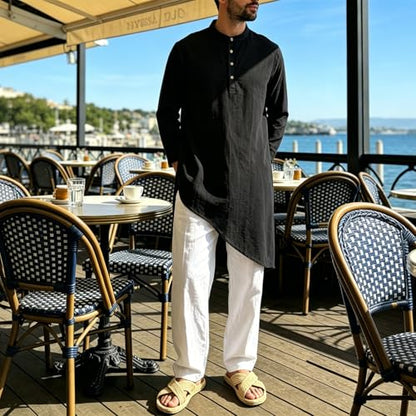 Mens Kaftan Thobe Robe Cotton Linen Long Sleeve Henley Shirt Casual Asymmetric Hem Muslim Kurta Gown Tops - color: Black, size: 3X-Large