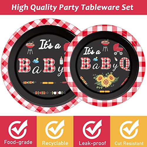 Tevxj 96 PCS BBQ Baby Shower Plates Napkins BabyQ Party Tableware It’s A Baby Q Disposable Paper Plates Napkins Sunflower Rustic Barbecue Gender Reveal Baby Shower Party Decorations Supplies Favors - style: BBQ