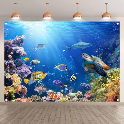 7x5ft Under The Sea Photography Backdrop Ocean Background | Underwater World, Baby Shower Party Supplies, Aquarium Coral Banner, Birthday Photo Booth, Polyester, Grommets, 1PC - size: 7'x5'
