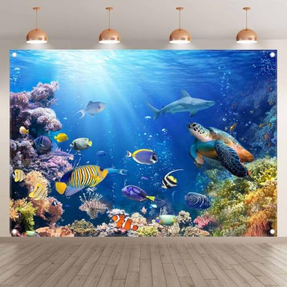 7x5ft Under The Sea Photography Backdrop Ocean Background | Underwater World, Baby Shower Party Supplies, Aquarium Coral Banner, Birthday Photo Booth, Polyester, Grommets, 1PC - size: 7'x5'