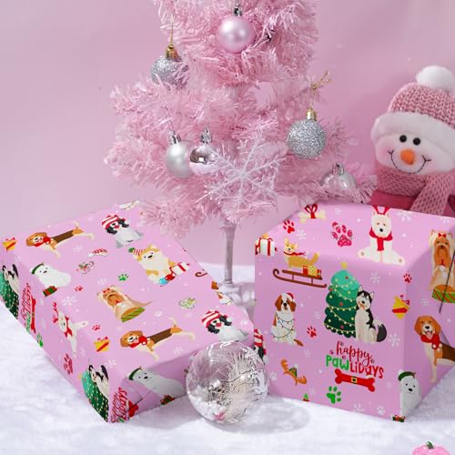 Cuitpan Pink Dog Christmas Wrapping Paper - Xmas Gift Wrap with Christmas Trees, Dog Breeds, Paw Prints & Snowflakes Design- Perfect for Kids & Adults Gift Wrapping - 40×28 Inches, 4 Folded Sheets - color: Pink-Christmas