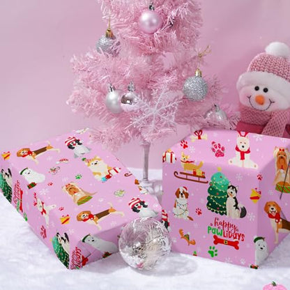 Cuitpan Pink Dog Christmas Wrapping Paper - Xmas Gift Wrap with Christmas Trees, Dog Breeds, Paw Prints & Snowflakes Design- Perfect for Kids & Adults Gift Wrapping - 40×28 Inches, 4 Folded Sheets - color: Pink-Christmas