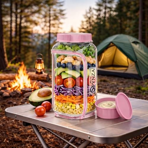 Salad jar with side opening , storage container with Dressing Cup – Leakproof Portable Salad Container with Dressing Cup & Lid, Lid-to-Bowl Design for Office, Gym, Travel, Picnic - Blush Pink - color: Blush Pink