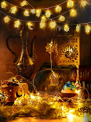 Ramadan Eid String Light- 9.8ft 20LEDs Eid Star Moon Kerosene Lantern Lamp Battery Operated Mubarak Islam Decorative Indoor Hexagram Lights for Muslim Islamic Home Garden Patio Decoration Supplies - style: Moon Star Hexagram