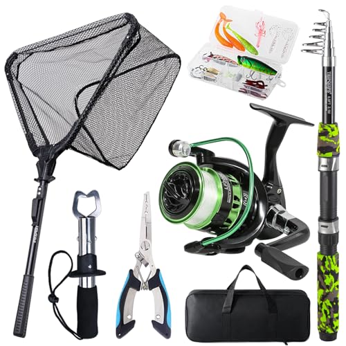 Tripquips Fishing Rod and Reel Combo with Fishing Net, 6.9ft Telescopic Fishing Pole Kit with Fishing Pliers, Lip Gripper, Fishing Lures,Pre-Loaded Spinning Reel Combo - color: Green